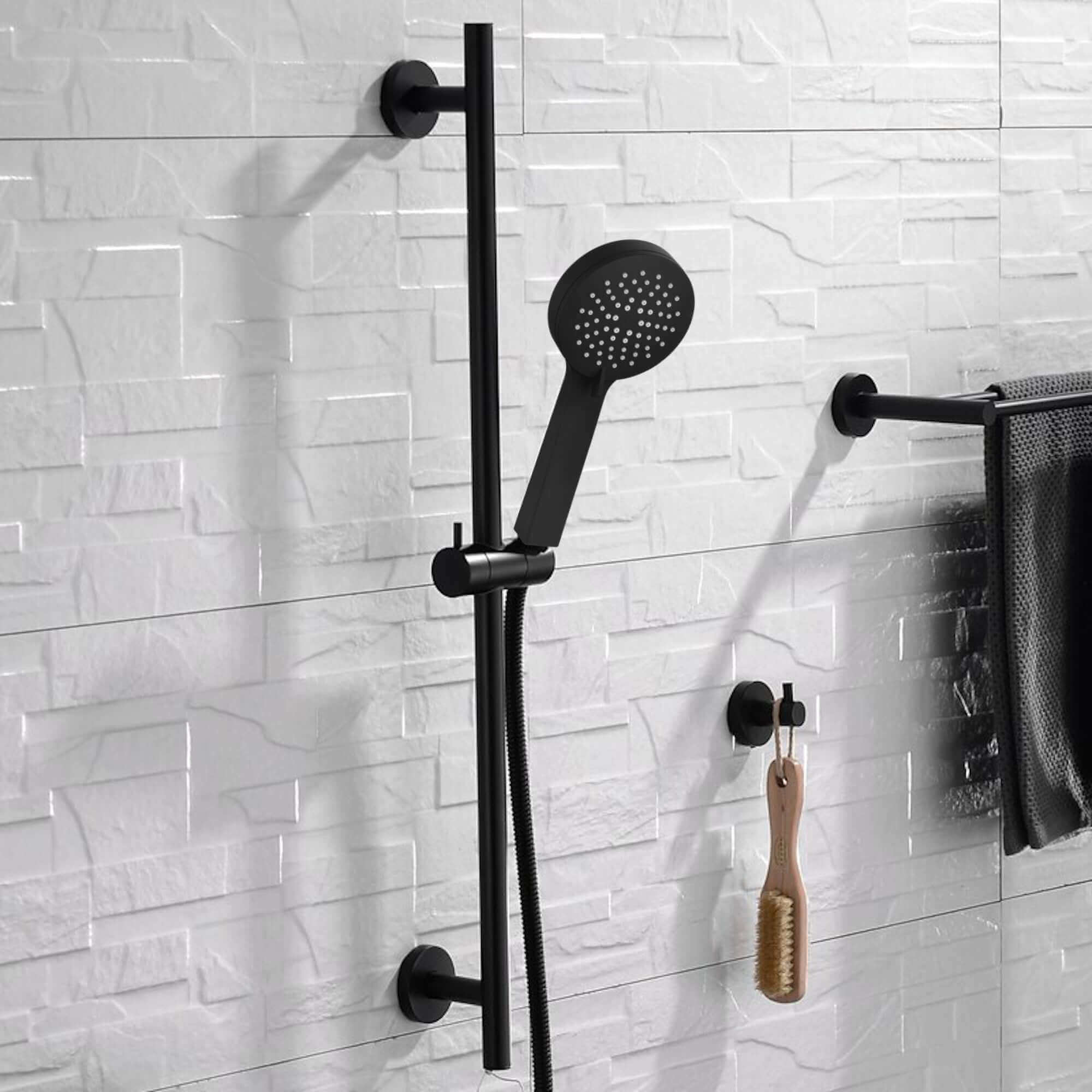 Buy Contemporary Shower Slider Riser Rail Kit With 3 Function Shower Head, Hose and Wall Elbow - Matt Black Online UK | HOUSE OF ENKI